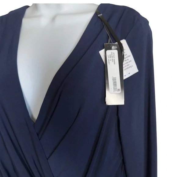 New Betsy & Adam Navy  "Elle" Long Sleeve Side Ruffled Slit Gown Size 14 - Picture 5 of 15